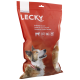 Un sac rouge de friandises pour chiens Lecky avec un chien heureux sur le devant, étiqueté 'Kalbshuf DeLuxe' et '100% Naturel.'