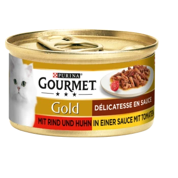 Purina Gourmet Gold Katzenfutterdose mit einem weißen Katzenetikett und dem Text "DÉLICATESSE EN SAUCE" und "MIT RIND UND HUHN."