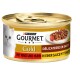 Purina Gourmet Gold Katzenfutterdose mit einem weißen Katzenetikett und dem Text "DÉLICATESSE EN SAUCE" und "MIT RIND UND HUHN."
