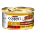 Boîte de nourriture pour chat Purina Gourmet Gold avec une étiquette de chat blanc et le texte "DÉLICATESSE EN SAUCE" et "MIT RIND UND HUHN."