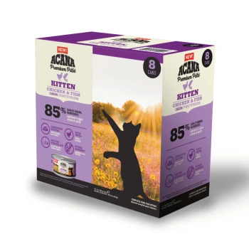 ACANA Premium Pâté für Kätzchen, Huhn- und Fischgeschmack, 8 Dosen, mit einer Silhouette einer Katze auf einem Feld, mit 85% hochwertigen tierischen Zutaten.