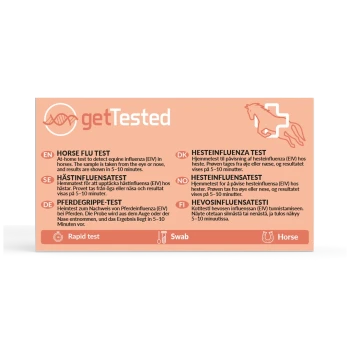 Oranges getTested-Label: Pferdegrippe-Schnelltest mit mehrsprachigen Anleitungen, Tupfer- und Pferdesymbole
