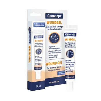 Canosept Wundgel 20 ml Tube und Schachtel zur Reinigung und Pflege von Wundstellen, blau/orange Verpackung mit Hunde-Symbol.
