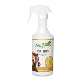 Stiefel Top Shine Sprühflasche für die Pferdepflege, mit einem Pferdebild und Text in Deutsch über die Vorteile für den Fellglanz.