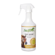 Stiefel Top Shine Sprühflasche für die Pferdepflege, mit einem Pferdebild und Text in Deutsch über die Vorteile für den Fellglanz.