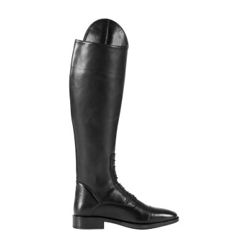 Schwarze Lederreitstiefel mit hohem Schaft, runder Zehenform und Schnürdetails an der Seite.