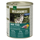 Dosen-Hundefutter mit der Aufschrift "Wilderness Dark Fjord", das einen Wolf im Wald zeigt, mit 95 % Lachs-, Rentier- und Entenbestandteilen.