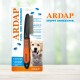 ARDAP Floh- und Staubkammverpackung für mittelgroße bis große Haustiere, mit deutschem Text zur Anwendung und Bildern eines Hundes und einer Katze.