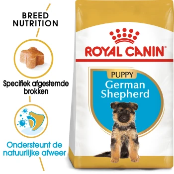 Royal Canin Puppy Duitse Herder hondenvoer zak met een puppy afbeelding, met tekst die de voeding voor het ras en immuunondersteuning benadrukt.