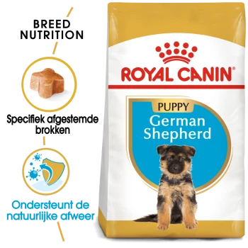 Royal Canin Puppy Duitse Herder hondenvoer zak met een puppy afbeelding, met tekst die de voeding voor het ras en immuunondersteuning benadrukt.
