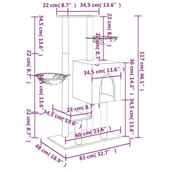 Diagramm eines Katzenbaums mit Abmessungen in Zentimetern und Zoll, das ein Haus, Plattformen und Schalen zum Spielen und Ausruhen zeigt.