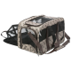 Transporttasche für Haustiere mit Netzpaneelen, braun-beige Design mit Pfotenabdrücken, inklusive Schultergurt und Reißverschlussöffnungen.