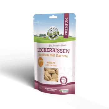Freeze-Snack für Hunde mit Insekten mit Karotte - 50g Eine 150g-Packung "Leckerbissen Insekten mit Karotte" Haustierleckerlis, mit einem transparenten Fenster und einem Löwenlogo.