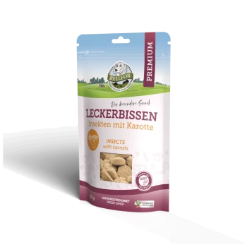 Eine 150g-Packung "Leckerbissen Insekten mit Karotte" Haustierleckerlis, mit einem transparenten Fenster und einem Löwenlogo.
