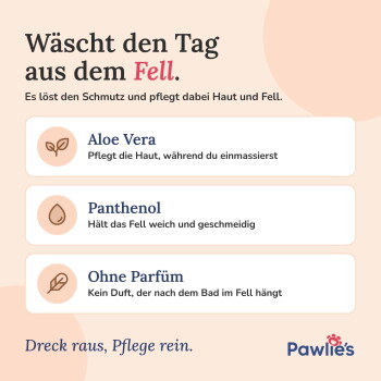 Ein Hund wird gebadet, mit einer Flasche Tränenfreies Formelshampoo sichtbar. Der Text lautet "TRÄNENFREIE FORMEL" und "SCHONENDE PFLEGE."
