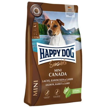 Happy Dog Sensible Mini Kanada Hundefutterbeutel, mit einer malerischen Kulisse, beschriftet mit "Lachs, Kaninchen & Lamm" und "Natürliches Lebenskonzept."
