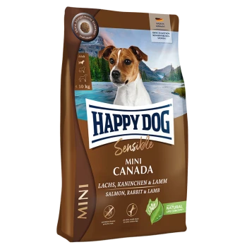 Happy Dog Sensible Mini Kanada Hundefutterbeutel, mit einer malerischen Kulisse, beschriftet mit "Lachs, Kaninchen & Lamm" und "Natürliches Lebenskonzept."