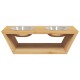 Holz-Futterstation für Haustiere mit zwei Edelstahlschalen, mit modernem Design und einem unteren Regal zur Aufbewahrung.
