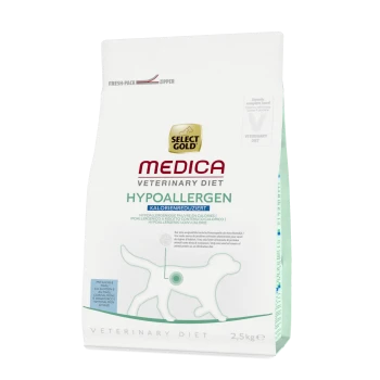 Sac de 2,5 kg de nourriture pour chiens hypoallergénique Select Gold Medica avec un graphique de chien et un texte faible en calories, hypoallergénique.
