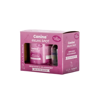 Rosa Canina Relax Shot Haustierergänzungsbox mit der Aufschrift 'Mehr Ruhe & Gelassenheit' und 'Bis zu 95 Shots!'.