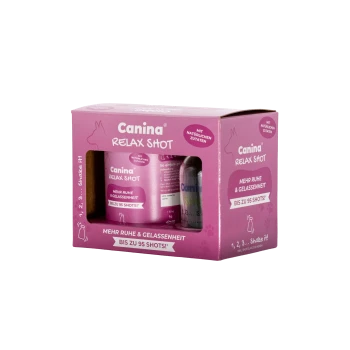 Rosa Canina Relax Shot Haustierergänzungsbox mit der Aufschrift 'Mehr Ruhe & Gelassenheit' und 'Bis zu 95 Shots!'.