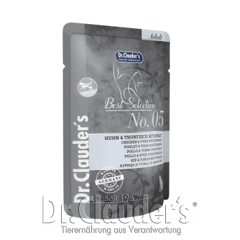 Dr. Clauder's Best Selection No. 05 Haustierfutterbeutel für erwachsene Katzen, mit Huhn und Thunfisch mit Spinat, hergestellt in Deutschland.