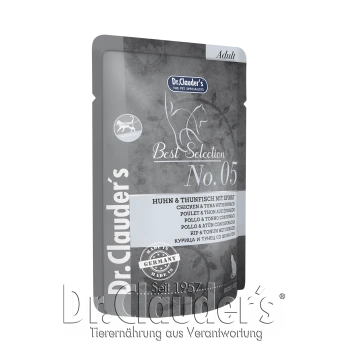 Dr. Clauder's Best Selection No. 05 Haustierfutterbeutel für erwachsene Katzen, mit Huhn und Thunfisch mit Spinat, hergestellt in Deutschland.