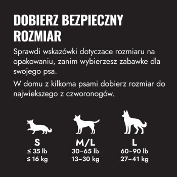 Polska tabela rozmiarów 'DOBIERZ BEZPIECZNY ROZMIAR' — S ≤35 lb/≤16 kg; M/L 30–65 lb/13–30 kg; L 60–90 lb/27–41 kg.