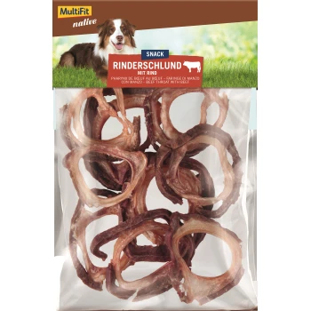 Friandises pour chiens MultiFit à la gorge de bœuf, dans un sac transparent, avec un chien marron et blanc sur l'emballage.