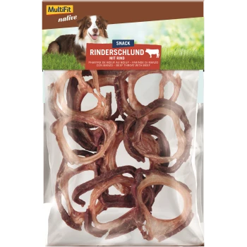 MultiFit native Rinderdickdarm-Hundesnacks in einer durchsichtigen Tüte, mit einem braunen und weißen Hund auf der Verpackung.