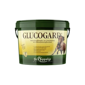 Grüner Eimer mit der Aufschrift "GLUCOGARD" und einem Pferdebilde, das ein Mineralienkomplex zur Unterstützung des Kohlenhydratstoffwechsels bewirbt.