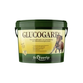 Grüner Eimer mit der Aufschrift "GLUCOGARD" und einem Pferdebilde, das ein Mineralienkomplex zur Unterstützung des Kohlenhydratstoffwechsels bewirbt.
