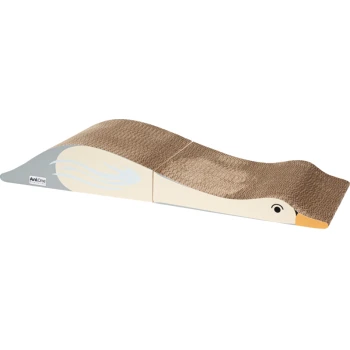 Ein Katzenkratzbaum, der wie eine Ente gestaltet ist, mit einer gebogenen, strukturierten Oberfläche zum Kratzen und Spielen, mit einem Cartoon-Ente-Gesicht.