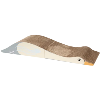 Ein Katzenkratzbaum, der wie eine Ente gestaltet ist, mit einer gebogenen, strukturierten Oberfläche zum Kratzen und Spielen, mit einem Cartoon-Ente-Gesicht.
