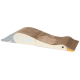 Ein Katzenkratzbaum, der wie eine Ente gestaltet ist, mit einer gebogenen, strukturierten Oberfläche zum Kratzen und Spielen, mit einem Cartoon-Ente-Gesicht.