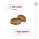 Two round pet food kibbles with text highlighting "High-quality nutrients" and "Highly digestible proteins."