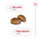 Two round pet food kibbles with text highlighting "High-quality nutrients" and "Highly digestible proteins."