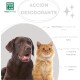 Ein glücklicher brauner Labrador und eine flauschige orangefarbene Katze bewerben ein deodorierendes Haustierprodukt, das Gerüche neutralisiert und einen leichten Talkgeruch hat.