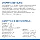 Zutatenliste für Haustierfutter auf Deutsch, die Zusammensetzung und analytische Komponenten detailliert, einschließlich Protein, Fett und Vitamine.