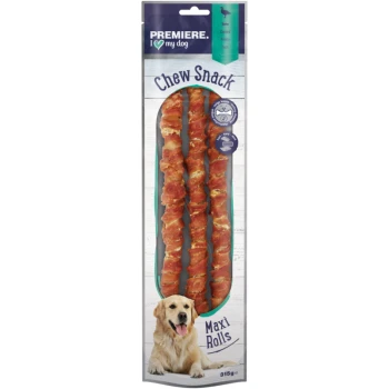 Premiere I Love My Dog Chew Snack Maxi Rolls, featuring three meat-wrapped sticks, with a golden retriever on the packaging.