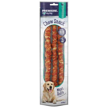 Premiere I Love My Dog Kauknochen Maxi Rolls, mit drei in Fleisch gewickelten Sticks, mit einem Golden Retriever auf der Verpackung.