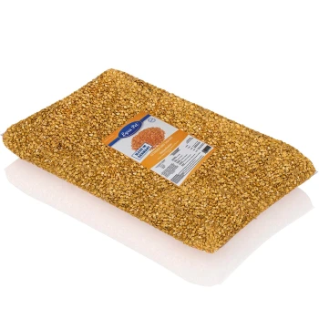 Eine Packung Vogelfutter mit einem leuchtend orangefarbenen Etikett mit dem Markennamen "Luna Pet" und Nährwertinformationen.