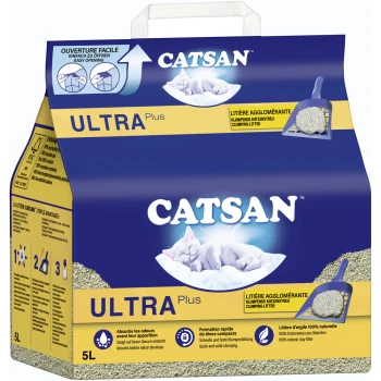 Ultra plus Klumpstreu 5 l Catsan Ultra Plus klumpendes Katzenstreu-Paket, 5L, mit einer Grafik einer schlafenden Katze, einfachen Öffnungsanweisungen und Geruchsabsorptionsansprüchen.