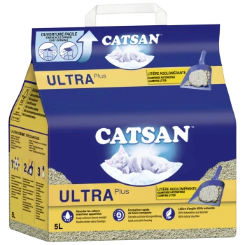 Catsan Ultra Plus klumpendes Katzenstreu-Paket, 5L, mit einer Grafik einer schlafenden Katze, einfachen Öffnungsanweisungen und Geruchsabsorptionsansprüchen.