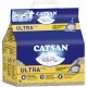 Emballage de litière agglomérante Catsan Ultra Plus, 5L, avec un graphique de chat endormi, des instructions d'ouverture facile et des allégations d'absorption des odeurs.