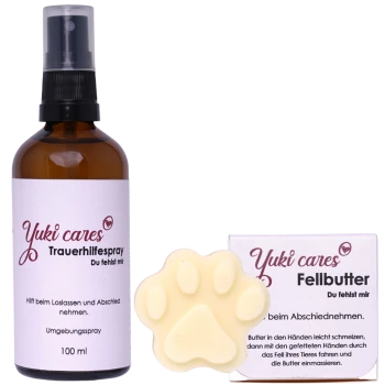 Yuki cares Trauerhilfespray (100 ml) in einer braunen Glasflasche und einer pfotenförmigen Fellbutter, beide für die Haustierpflege, mit deutschem Text.