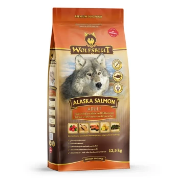 Wolfsblut Alaska Lachs Hundefutterbeutel, mit dem Gesicht eines Wolfes, gekennzeichnet 'Premium Hundefutter', 12,5 kg, mit Zutaten: Lachs, Kartoffeln, brauner Reis.