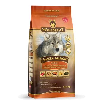 Wolfsblut Alaska Lachs Hundefutterbeutel, mit dem Gesicht eines Wolfes, gekennzeichnet 'Premium Hundefutter', 12,5 kg, mit Zutaten: Lachs, Kartoffeln, brauner Reis.
