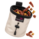 Weißer Haustierfutterbehälter mit Trockenfutter, schwarzem Kordelzug und Tierlando-Logo mit der Aufschrift "Hundebetten und mehr..."