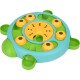 Interactive pet puzzle toy in bright blue and green, featuring yellow treat compartments shaped like bones.